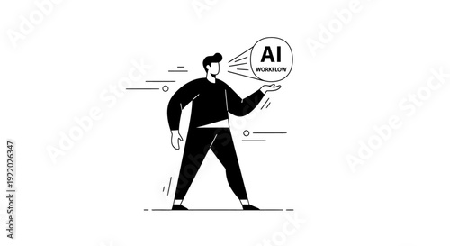 Conceptual illustration of a person holding a thought bubble with 'AI workflow' inside, representing artificial intelligence and automated processes
