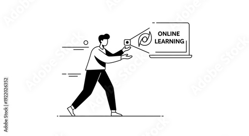 Online education and remote learning concept with a person interacting with a digital interface and laptop displaying the words 'online learning' in a minimalist line art style