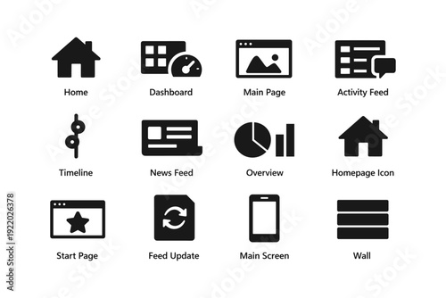 Set of web interface icons featuring home, dashboard, timeline, and more
