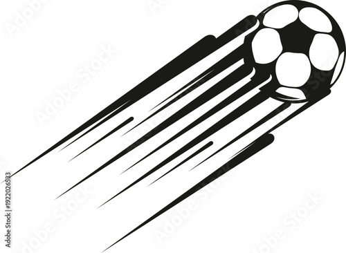 Football game flying ball motion trail sign. Football ball speed movement emblem, sport game shoot long motion vector element. Soccer kick flying graphic sign or ball shoot trail symbol