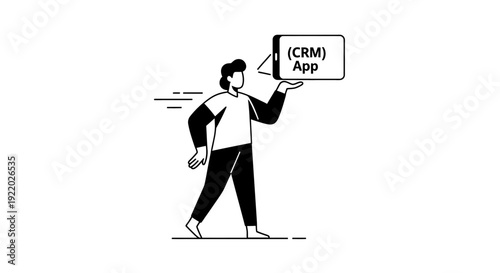 Illustration of a person holding a tablet displaying a CRM app, symbolizing customer relationship management and business software solutions for enhanced client interaction and sales tracking