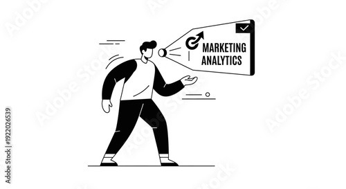Business professional communicating marketing analytics with a speech bubble containing a bullseye target icon and text for strategy and data insights