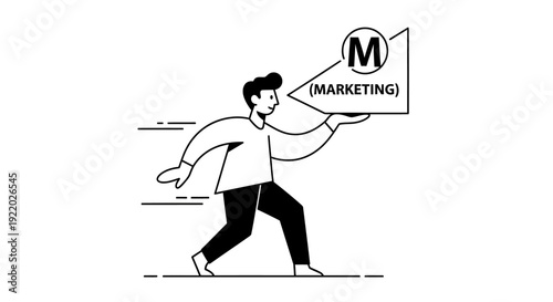 A man running with a circular sign indicating marketing, representing business strategy and promotional activities for company growth and brand awareness