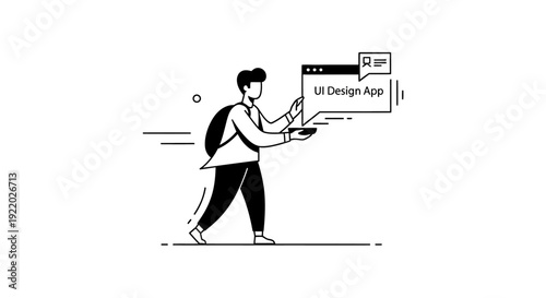 Modern illustration of a young man carrying a laptop with a UI design app window, symbolizing digital creativity and mobile technology development on the go