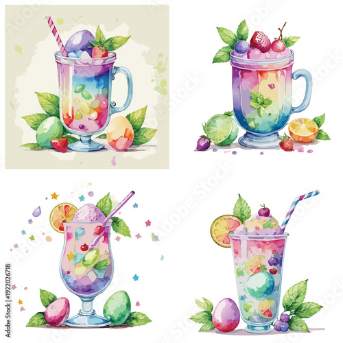 Easter Pastel Beverage Vector Set – Watercolor Spring Cocktail and Milkshake Illustration Collection