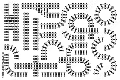 Railroad train track line, railway route with straight rails, crossroads, junctions and circular loops, bends, round circuits and rail intersections. Designed for transport maps, railway infographic