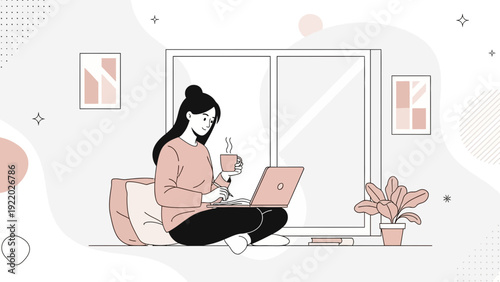 Woman working on laptop with coffee, cozy home office, illustration