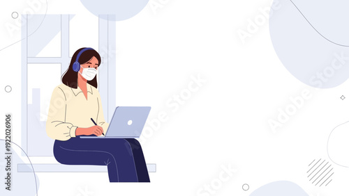 Woman with mask and headphones working on laptop by window, remote work concept