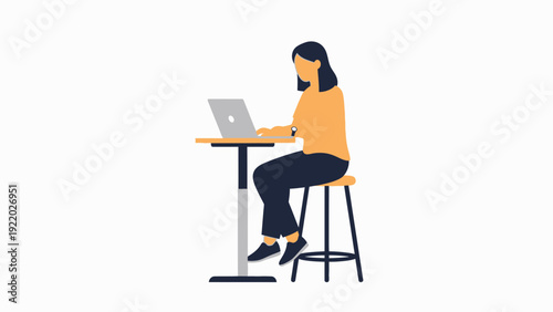 Woman Working on Laptop at High Table with Stool, Remote Work Concept