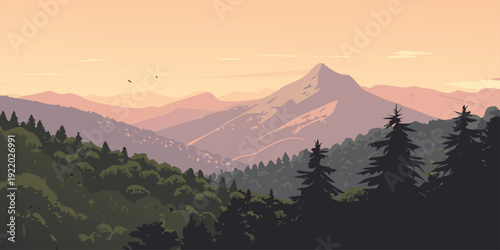 Cartoon Mountain Range Landscape With Forest and Sky