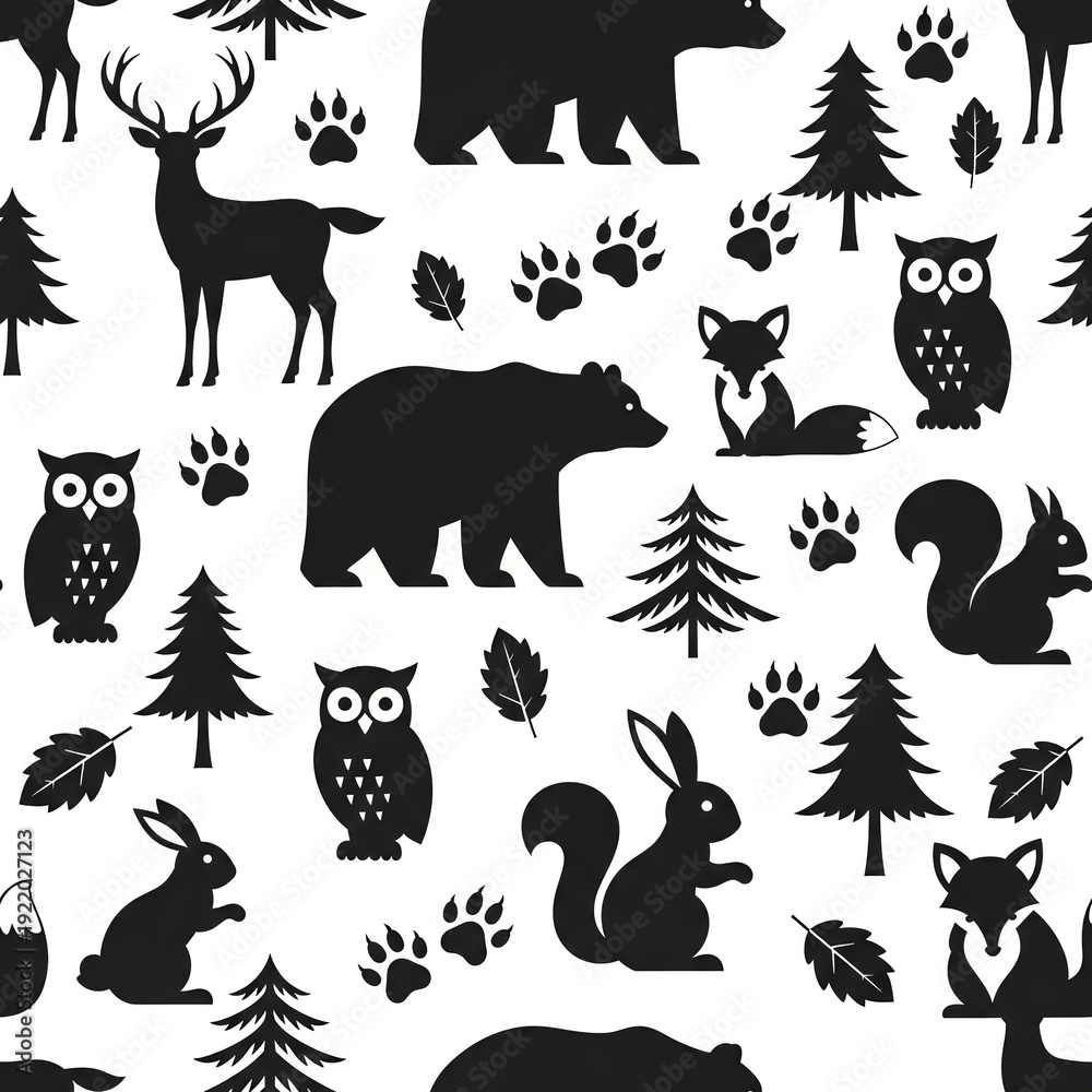 Obraz premium Seamless Pattern of Forest Animals and Trees Silhouette 7.