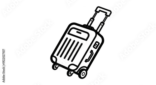 Black and white illustration of a rolling suitcase ready for travel adventures and vacations.
