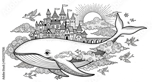 Whimsical illustration of a whale carrying a castle on its back, fantasy art.