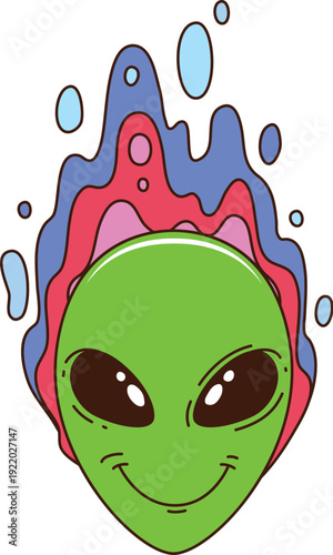 Space alien green face cartoon groovy cheerful character. Outer space discovery groovy sticker, astronomy and extraterrestrial life vector label with happy smiling alien green face and colorful liquid