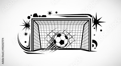 Soccer ball flying into the goal net, black and white illustration.
