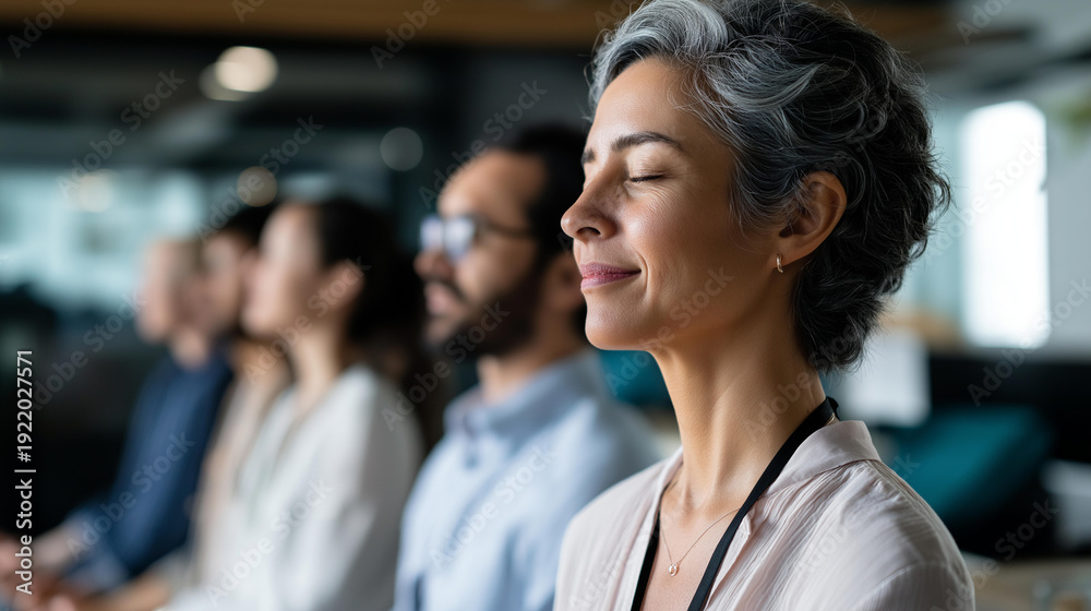 Fototapeta premium Faceless confident businesswoman meditating with colleagues in relaxed office setting, team wellness, group mindfulness, with copy space