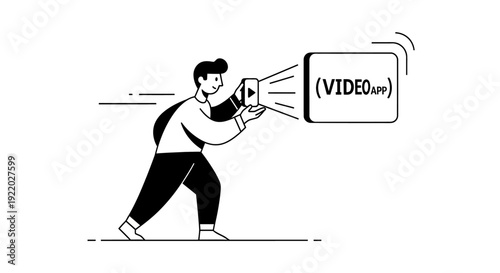 A person holding a mobile phone with a video app icon on screen, promoting an application with motion blur effect for a dynamic presentation