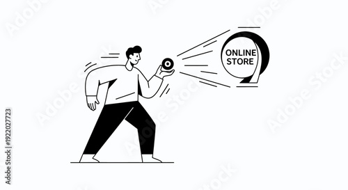 An illustration depicting a man holding a device that emits a beam of light towards an outline of a building labeled 'Online Store', symbolizing e-commerce growth and digital retail expansion