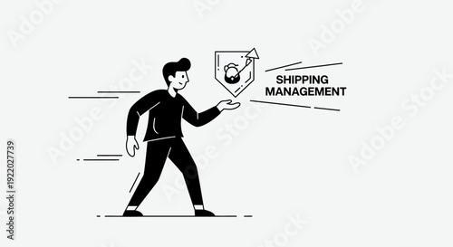 Successful shipping management concept with a person holding a shield icon symbolizing security and efficiency in logistics and supply chain operations