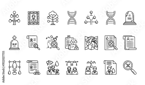 Ancestry Research Icons – Family Tree, DNA & Historical Documents Vector Set