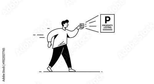 Real estate agent using a smartphone to scan a property listing sign, illustrating digital real estate technology and modern property search methods