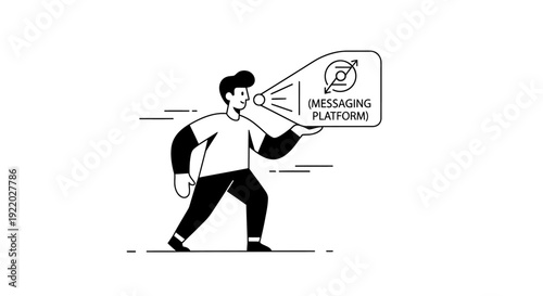 Illustration of a person holding a megaphone with the words "MESSAGING PLATFORM" written on it, symbolizing communication and broadcasting information