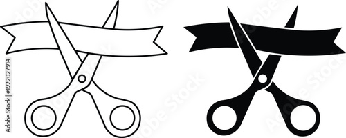Outline and solid black silhouette icons of scissors cutting a ribbon, symbolizing a grand opening or ceremony.