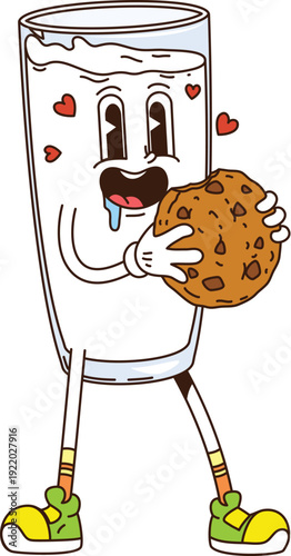 Cartoon funky groovy glass of milk retro breakfast character bites a chocolate chip cookie with hearts around. Vector diary drink personage with joyful face expression, and playful nostalgic vibes