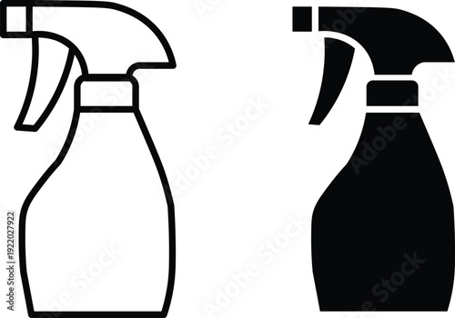 Two simple vector icons of a spray bottle, one in outline and one filled with black color, representing cleaning or liquid dispensing.