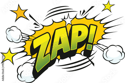 Zap comic pop art sound effect, speech bubble word In bold yellow green typography, surrounded by star shapes, motion lines, and puffs of smoke, captures action, surprise, and superhero sound effects