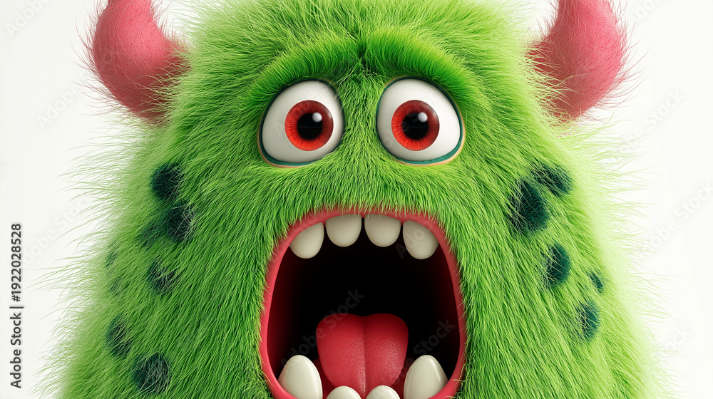 Fototapeta premium A fuzzy green monster with big eyes and an open mouth shows a playful expression