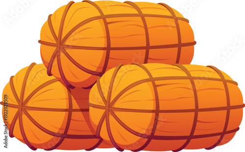 Japanese New Year straw rice bale bundles tied with rope and stacked together. Vector symbol of agriculture, harvest, tradition and rural culture in seasonal festival rituals and Asian decoration