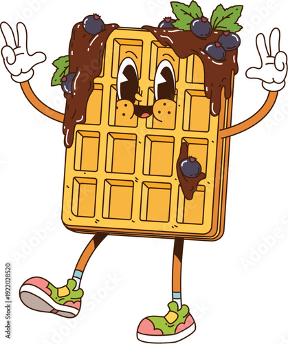Retro cartoon cheerful groovy Belgian waffle vector character topped with chocolate syrup, whipped cream, berry and fruit pieces. Wafer with happy face, energetically dancing wearing colorful sneakers