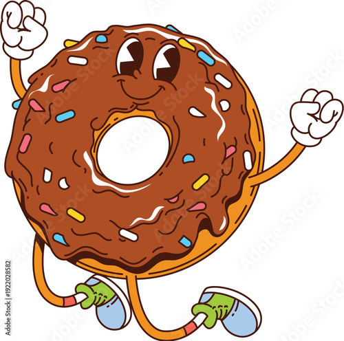 Cartoon retro donut groovy character. Isolated vector hippie doughnut pastry dessert personage with funky smile, chocolate glaze and sprinkles happily jumping, embodies a 70s vibe, with a cheery smile