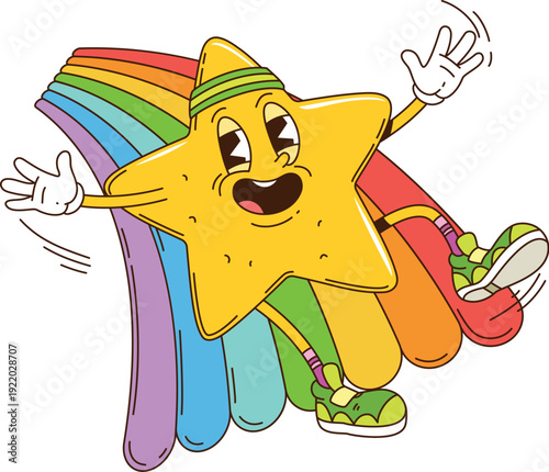 Cartoon retro groovy star character rides a colorful rainbow, smiling joyfully. Vector hippie twinkle personage in sport headband, vintage sneakers and funky face full of cosmic magical 2k vibes