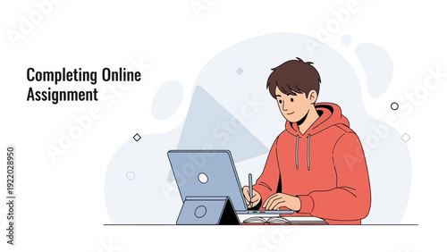 Young man completing online assignment on laptop and tablet, studying remotely