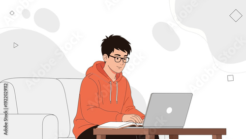 Young man in orange hoodie working on laptop at home, studying, remote work, modern lifestyle