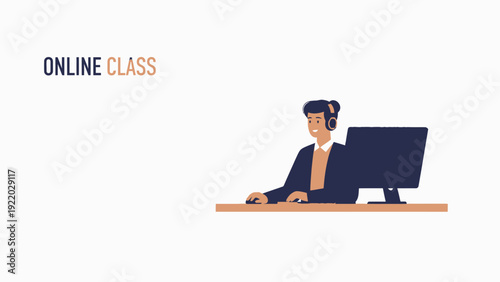 Young Man Learning Online Class with Computer and Headphones