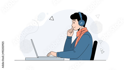 Young man listening to music and working on laptop, flat design illustration