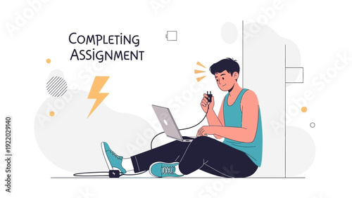 Young man plugging laptop charger, low battery, completing assignment