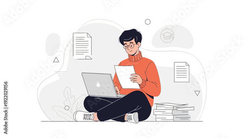 Young man studying online with laptop and books, modern flat illustration