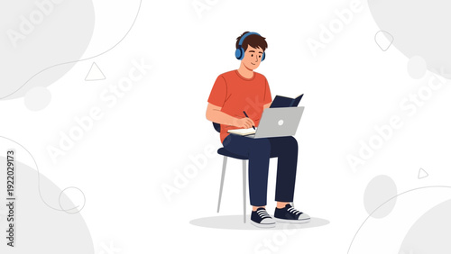 Young Man Studying Online with Laptop and Headphones