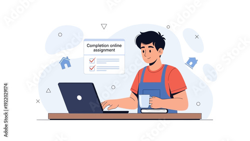 Young Man Studying Online with Laptop and Coffee, Digital Learning Concept