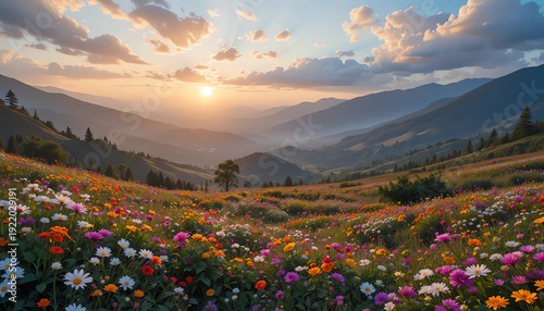 Blooming flowers valley with sunrise glow, soft clouds, layered mountains, dreamy fairytale atmosphere.