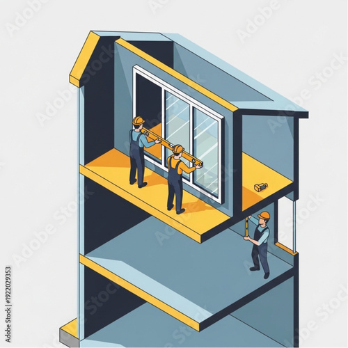 Three workers installing large window on multi-story building construction site.