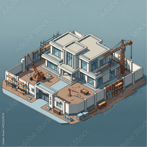 Modern house under construction with cranes and building materials.