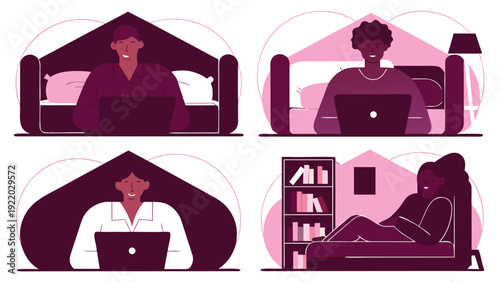 Four diverse professionals work remotely from home using laptops within house shaped frames.