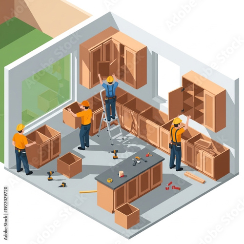 Three workers installing kitchen cabinets in a modern home renovation project.
