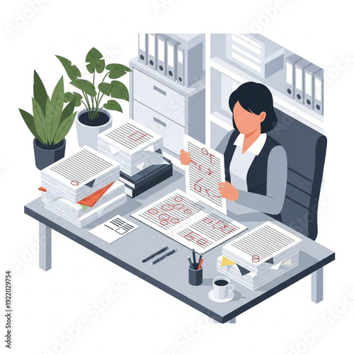 Woman working at office desk with papers and documents.