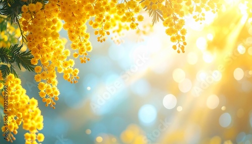 青空に映える満開のミモザと柔らかな陽光、右側に広いスペースのある春の背景
